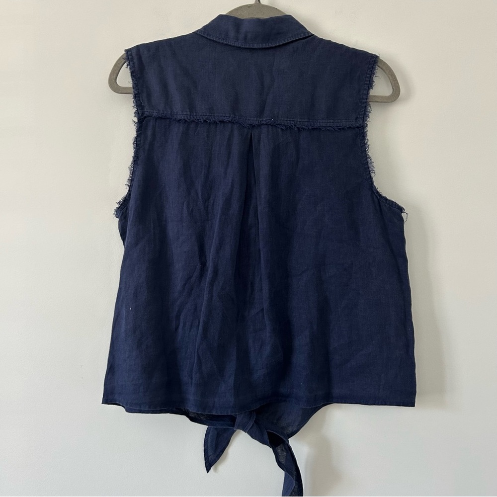 Cloth & Stone Navy Blue Linen Sleeveless Fringe Button Down Tie Waist Blouse M - Picture 4 of 10